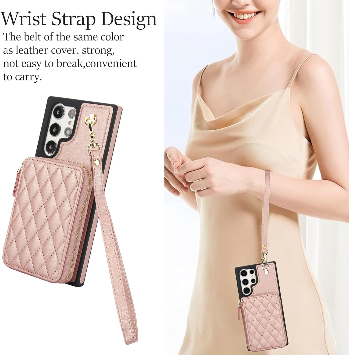 Phone Case for Samsung Galaxy S22 Ultra 5G Wallet Cell Cover with Tempered Glass Screen Protector Wrist Crossbody Strap RFID Blocking Card Holder S22ultra 22S S 22 S22ultra5g 6.8 Women Girls Rose Gold